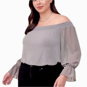 TORRID Smocked Off Shoulder Sheer  Top Size 4X Grey Long Sleeves Balletc…
